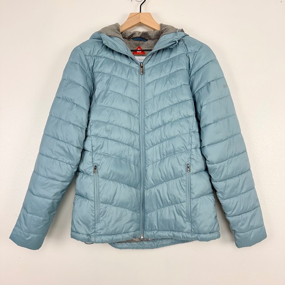 Columbia Omni Heat Puffer Coat Jacket Womens M Hooded Light Blue Full Zip Winter - Picture 2 of 16